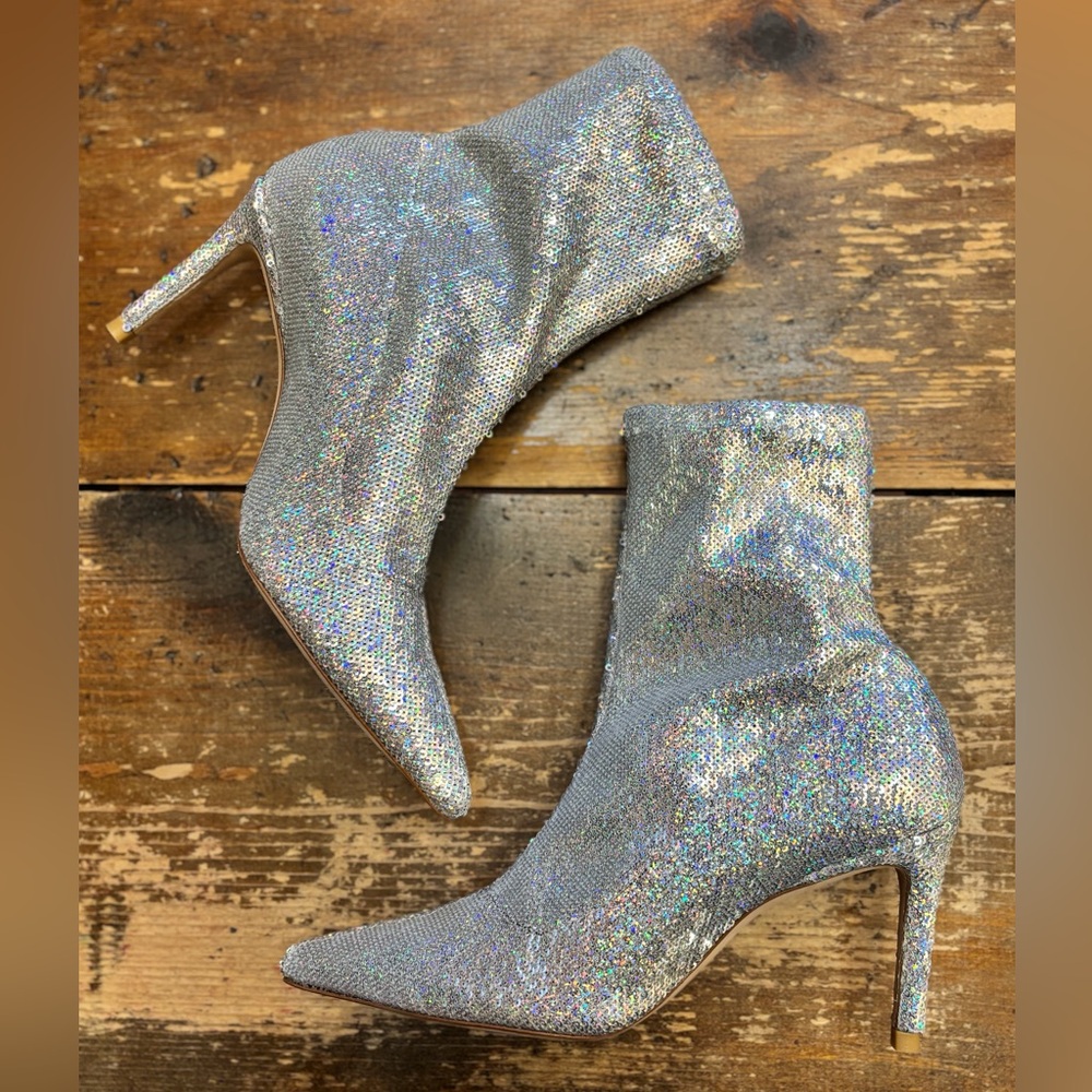 Stuart Weitzman Silver Sequin Sock Booties
